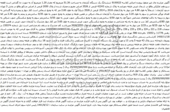 آگهی مزایده ششدانگ یک دستگاه آپارتمان به مساحت 51.30 مترمربع که مقدار 1.20 مترمربع