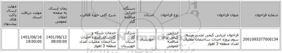 مناقصه، فراخوان ارزیابی کیفی تجدید مرتبه سوم پروژه احداث ساختمان عملیات امداد منطقه 3 اهواز