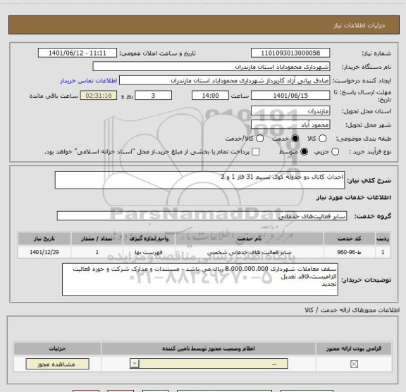 استعلام احداث کانال دو جدوله کوی نسیم 31 فاز 1 و 2