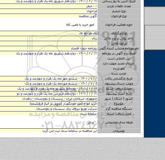 مناقصه, خرید انواع کابل خودنگهدار (تحویل در انبار فروشنده)