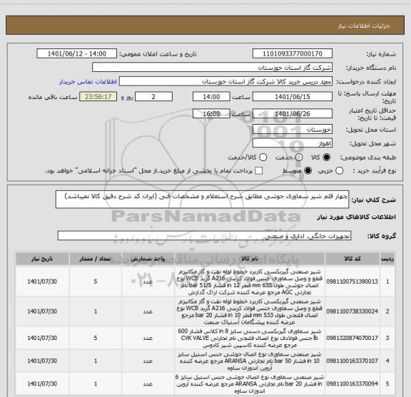 استعلام چهار قلم شیر سماوری جوشی مطابق شرح استعلام و مشخصات فنی (ایران کد شرح دقیق کالا نمیباشد)