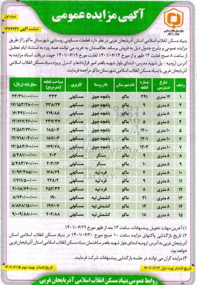 مزایده فروش قطعات مسکونی کاربری مسکونی نوبت اول 