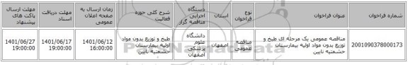 مناقصه، مناقصه عمومی یک مرحله ای طبخ و توزیع بدون مواد اولیه بیمارستان حشمتیه نایین