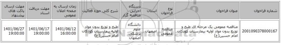 مناقصه، مناقصه عمومی یک مرحله ای طبخ و توزیع بدون مواد اولیه بیمارستان  کودکان امام حسین(ع)