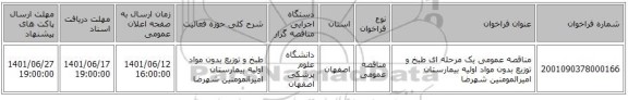 مناقصه، مناقصه عمومی یک مرحله ای طبخ و توزیع بدون مواد اولیه بیمارستان امیرالمومنین شهرضا