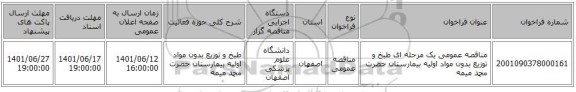 مناقصه، مناقصه عمومی یک مرحله ای طبخ و توزیع بدون مواد اولیه بیمارستان حضرت محمد میمه