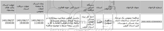 مناقصه، مناقصه عمومی یک مرحله ای احداث ساختمان اداری بنیاد مسکن شهرستان البرز استان قزوین