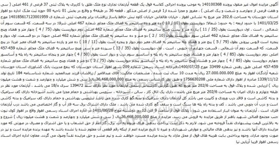 آگهی مزایده  یک قطعه آپارتمان تجاری نوع ملک طلق با کاربری به پلاک ثبتی 37 فرعی از 461 اصلی