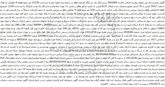 آگهی مزایده ششدانگ یک دستگاه آپارتمان واقع در شماشرق طبقه دوم به مساحت 127/26 متر مربع قطعه 6 تفکیکی 