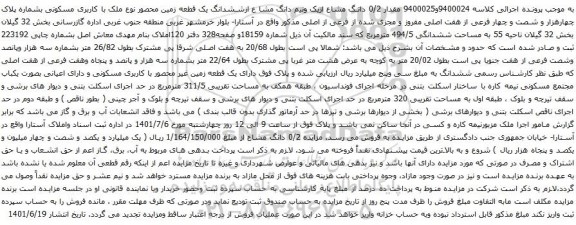 آگهی مزایده مقدار 0/2 دانگ مشاع ازیک ونیم دانگ مشا ع ازششدانگ یک قطعه زمین محصور نوع ملک با کاربری مسکونی