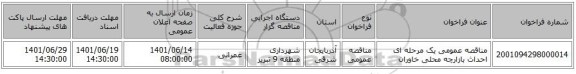 مناقصه، مناقصه عمومی یک مرحله ای احداث بازارچه محلی خاوران