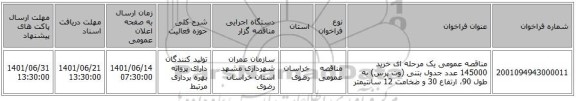 مناقصه، مناقصه عمومی یک مرحله ای خرید 145000 عدد جدول بتنی (وت پرس) به طول 90، ارتفاع 30 و ضخامت 12 سانتیمتر