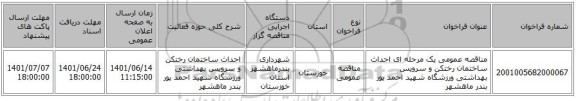 مناقصه، مناقصه عمومی یک مرحله ای احداث ساختمان رختکن و سرویس بهداشتی ورزشگاه شهید احمد پور بندر ماهشهر