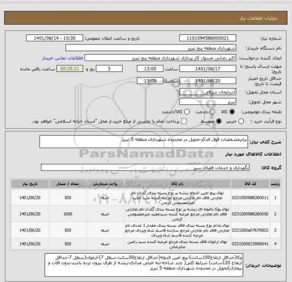 استعلام برابرمشخصات فوق الذکر-تحویل در محدوده شهرداری منطقه 5 تبریز