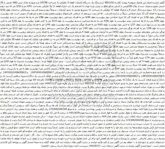 آگهی مزایده ششدانگ یک دستگاه آپارتمان قطعه 3 تفکیکی به مساحت 197/96 متر مربع به پلاک ثبتی 1662 فرعی از 29 اصلی 