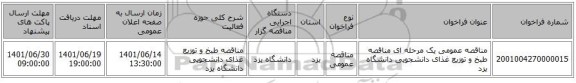 مناقصه، مناقصه عمومی یک مرحله ای مناقصه طبخ و توزیع غذای دانشجویی دانشگاه یزد