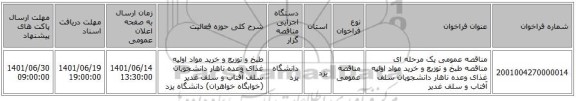 مناقصه، مناقصه عمومی یک مرحله ای مناقصه طبخ و توزیع و خرید مواد اولیه غذای وعده ناهار دانشجویان سلف آفتاب و سلف غدیر