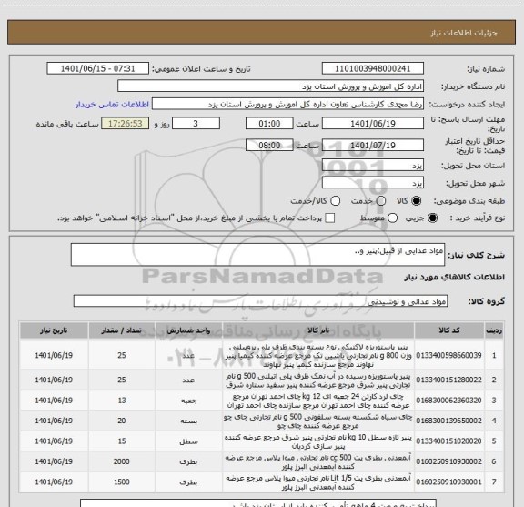 استعلام مواد غذایی از قبیل:پنیر و.. ، سایت ستاد