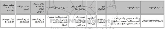 مناقصه، مناقصه عمومی یک مرحله ای آگهی مناقصه عمومی روکش آسفالت معابرسطح شهر یاسوج