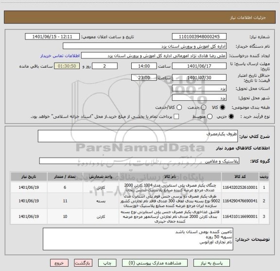 استعلام ظروف یکبارمصرف