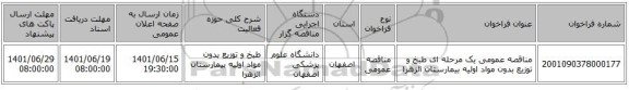 مناقصه، مناقصه عمومی یک مرحله ای طبخ و توزیع بدون مواد اولیه بیمارستان  الزهرا