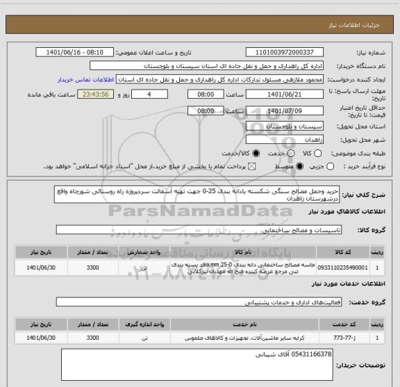 استعلام خرید وحمل مصالح سنگی شکسته بادانه بندی 25-0 جهت تهیه آسفالت سردپروژه راه روستائی شورچاه واقع درشهرستان زاهدان