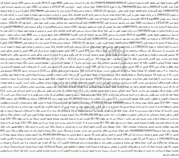 آگهی مزایده ششدانگ یک دستگاه ساختمان به مساحت 152 متر مربع با پلاک ثبتی 875 فرعی از 187 اصلی