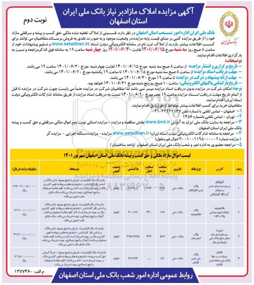 مزایده فروش قسمتی از املاک تخلیه شده ملکی ، حق کسب و پیشه و سرقفلی مازاد نوبت دوم 