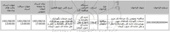 مناقصه، مناقصه عمومی یک مرحله ای خرید خدمات نگهداری فضاهای مورد بهره‌برداری اداره کل راهداری و حمل و نقل جاده ای جنوب کرمان