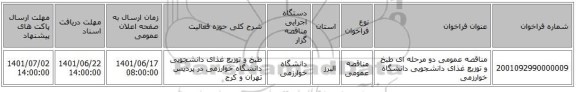 مناقصه، مناقصه عمومی دو مرحله ای طبخ و توزیع غذای دانشجویی دانشگاه خوارزمی