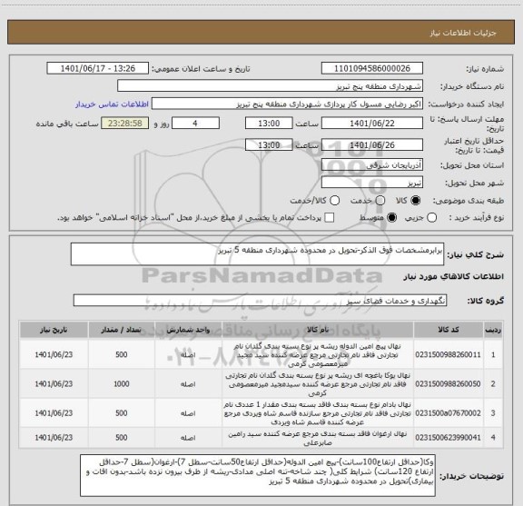 استعلام برابرمشخصات فوق الذکر-تحویل در محدوده شهرداری منطقه 5 تبریز