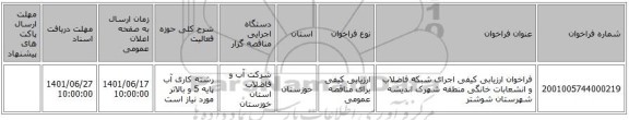 مناقصه، فراخوان ارزیابی کیفی اجرای شبکه فاضلاب و انشعابات خانگی منطقه شهرک اندیشه شهرستان شوشتر