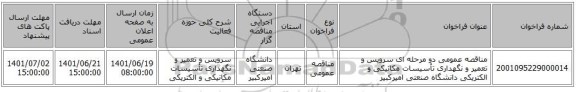 مناقصه، مناقصه عمومی دو مرحله ای سرویس و تعمیر و نگهداری تأسیسات مکانیکی و الکتریکی دانشگاه صنعتی امیرکبیر