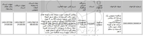 مناقصه، مناقصه عمومی یک مرحله ای روکش آسفالت (توپکا019)جهت خیابان ها و کوچه های جهت بافت فرسوده و سطح شهر