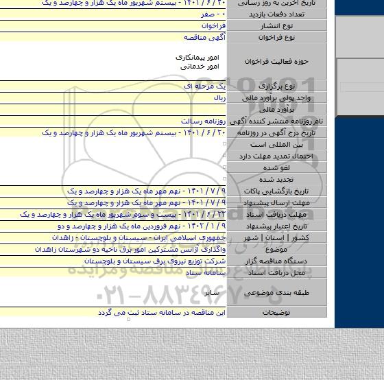 مناقصه, واگذاری آژانس مشترکین امور برق ناحیه دو شهرستان زاهدان