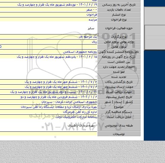 مزایده, بهره برداری ازمکان تریا و تنقلات ایستگاه راه آهن سیرجان