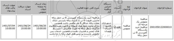 مناقصه، مناقصه عمومی یک مرحله ای مناقصه خرید یکدستگاه کمپرسی 6 تن حمل زباله