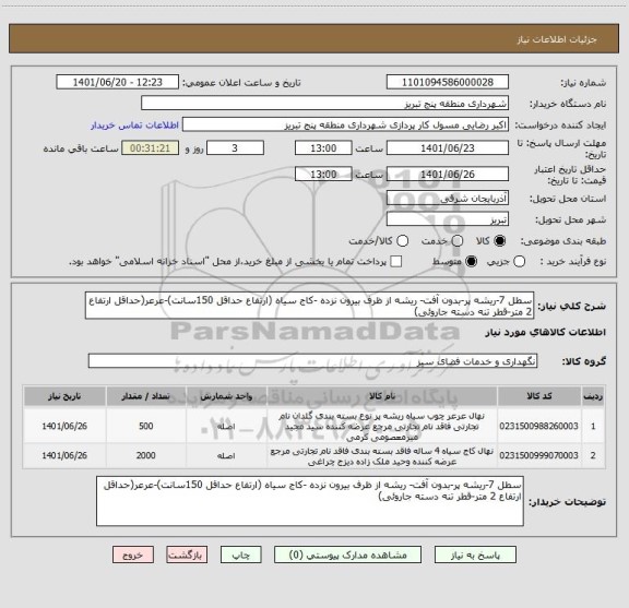 استعلام سطل 7-ریشه پر-بدون آفت- ریشه از ظرف بیرون نزده -کاج سیاه (ارتفاع حداقل 150سانت)-عرعر(حداقل ارتفاع 2 متر-قطر تنه دسته جاروئی)