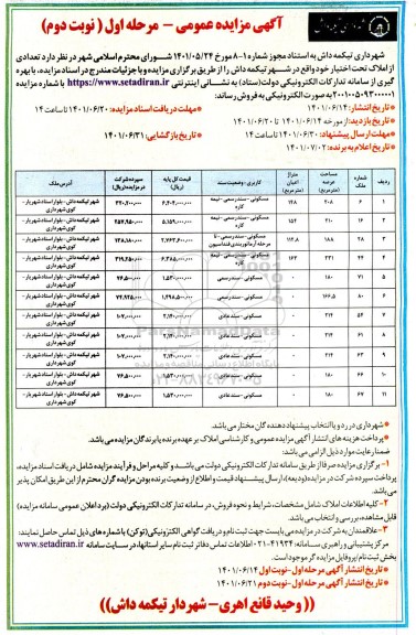 مزایده فروش تعدادی از املاک - نوبت دوم