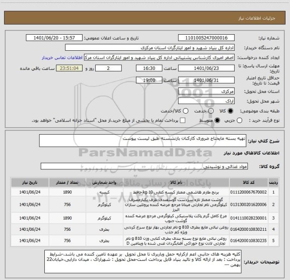 استعلام تهیه بسته مایحتاج ضروری کارکنان بازنشسته طبق لیست پیوست