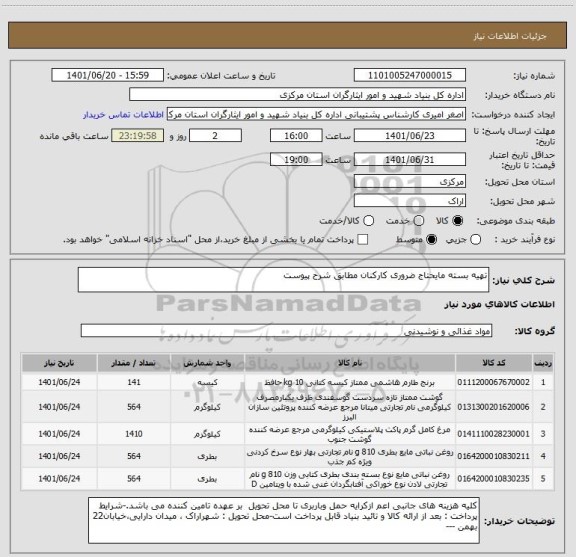 استعلام تهیه بسته مایحتاج ضروری کارکنان مطابق شرح پیوست