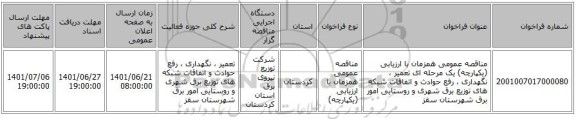 مناقصه، مناقصه عمومی همزمان با ارزیابی (یکپارچه) یک مرحله ای تعمیر ، نگهداری ، رفع حوادث و اتفاقات شبکه های توزیع برق شهری و روستایی امور برق شهرستان سقز