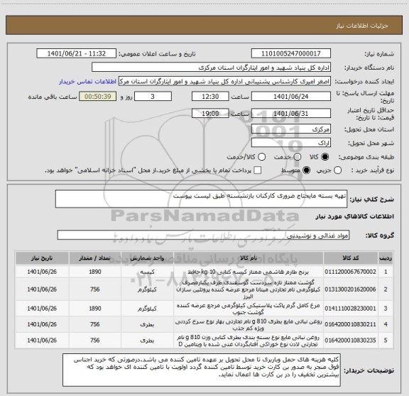 استعلام تهیه بسته مایحتاج ضروری کارکنان بازنشسته طبق لیست پیوست