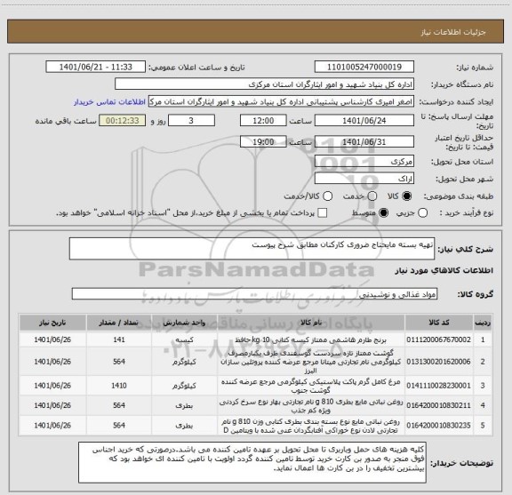 استعلام تهیه بسته مایحتاج ضروری کارکنان مطابق شرح پیوست