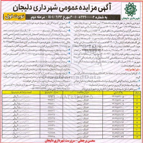 مزایده فروش 12 قطعه زمین واقع در ....