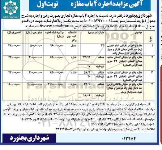 مزایده اجاره 4 باب مغازه 