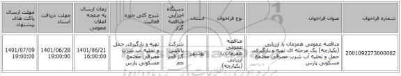 مناقصه، مناقصه عمومی همزمان با ارزیابی (یکپارچه) یک مرحله ای تهیه و بارگیری, حمل و تخلیه آب شرب مصرفی مجتمع مسکونی پارس