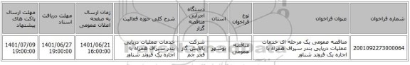 مناقصه، مناقصه عمومی یک مرحله ای خدمات عملیات دریایی بندر سیراف همراه با اجاره یک فروند شناور