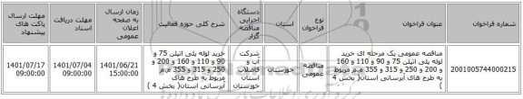 مناقصه، مناقصه عمومی یک مرحله ای خرید لوله پلی اتیلن 75 و 90 و 110 و 160 و 200 و 250 و 315 و 355 م.م مربوط به طرح های آبرسانی استان( بخش 4 )