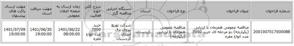 مناقصه، مناقصه عمومی همزمان با ارزیابی (یکپارچه) دو مرحله ای خرید 7000 عدد انواع مقره